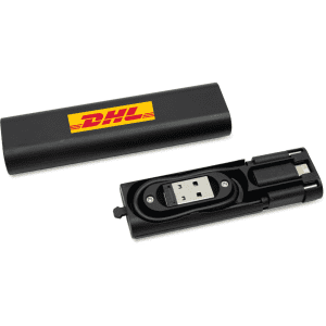 A black portable charging kit containing a USB and a Lightning cable, with a logo on the casing.