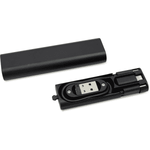 A black travel charging kit featuring a USB and a Type-C cable, housed in a compact case.