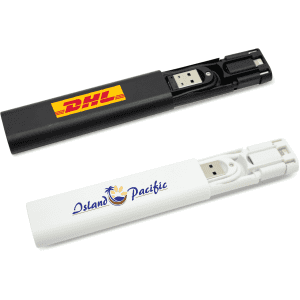 A black and white travel charging cable kit, featuring logos and compact designs for easy storage.