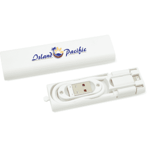 A white travel kit containing neatly rolled charging cables, enclosed in a matching case with a logo.