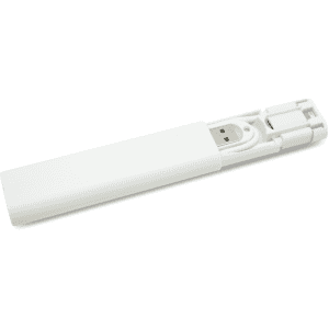 A white portable charging cable kit with a compact design, featuring a holder for easy storage.