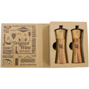 A wooden salt and pepper set in a gift box, featuring a simple design and a logo.