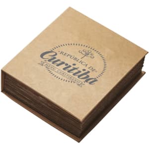 A square menu book with a textured brown cover and stylish black lettering. It has an emblem and decorative design elements.