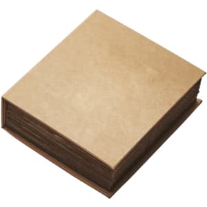 A square brown binder with plain cover and visible pages, showcasing its thick, textured appearance.