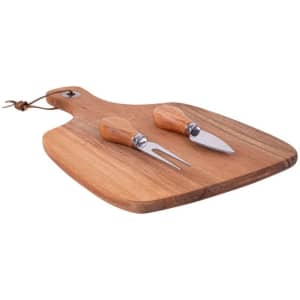 A wooden acacia cheeseboard with a smooth finish, accompanied by two stainless steel cheese knives with wooden handles.