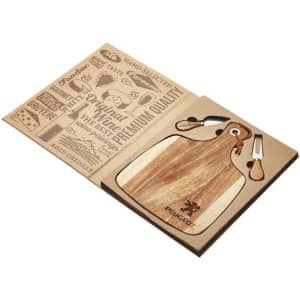 Acacia cheeseboard with knife set, featuring a wooden board and two stainless steel knives, presented in a box with branding.
