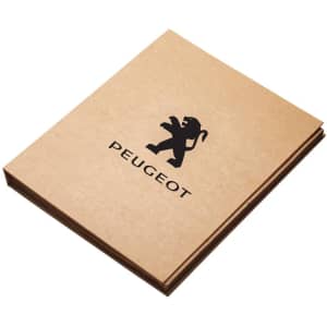 A brown folder with a black lion logo and the word "PEUGEOT" printed on the front.