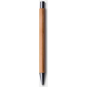 A bamboo pen with a black tip and a sleek design. It features a logo on the barrel.