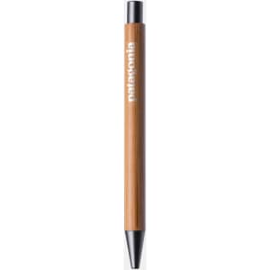 A wooden pen with a black tip, featuring a logo on the barrel. The pen has a natural bamboo finish.