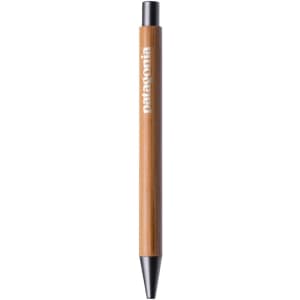 A wooden pen with a black tip. The pen features a logo printed on its body.