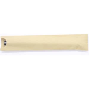 A cylindrical pen covered in brown paper packaging, featuring a metallic tip, and a visible opening.
