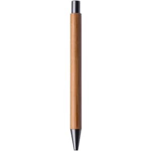 A bamboo pen with a black tip, featuring a sleek and simple design, and a branding logo.