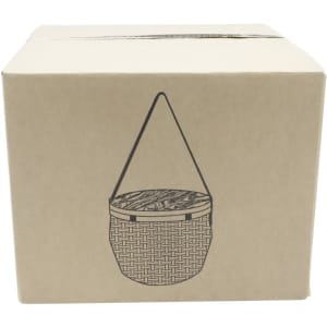 A brown cardboard box featuring a woven basket illustration with a hanging handle. The box has a minimalistic design.