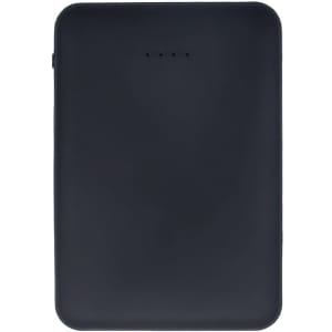 A black power bank with a sleek design, featuring a logo and indicator lights.