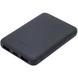 A black 5000mAh powerbank with multiple USB ports and a minimalist design, featuring a logo on the side.