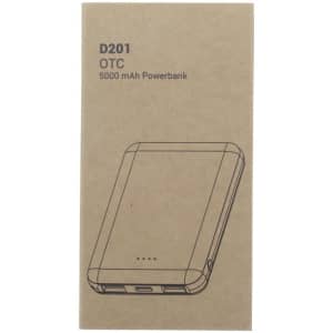 A 5000mAh power bank in a plain cardboard box, featuring a design outline and a logo.