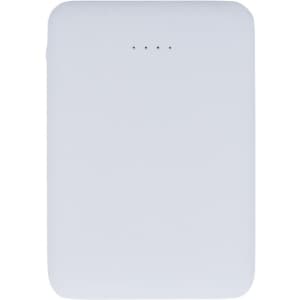A white power bank with a smooth surface and four indicator lights on the top.