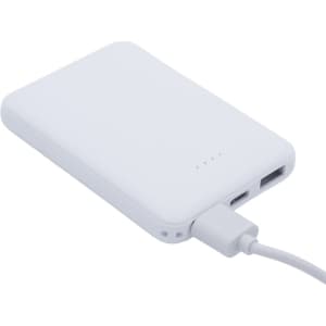 A white power bank with two ports and LED indicators, connected to a charging cable.