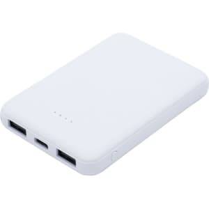 A white power bank with two USB ports and a USB-C port. It has a sleek, flat design and a small logo.