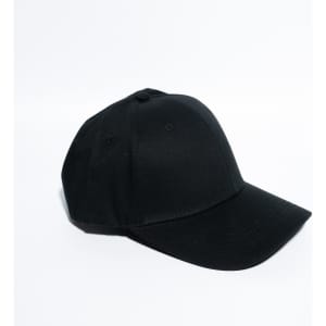 A black snapback cotton baseball cap featuring a curved brim and a structured fit, with a logo on the front.