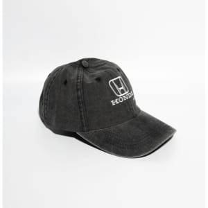 A black denim cotton baseball cap with a logo on the front and a curved brim.