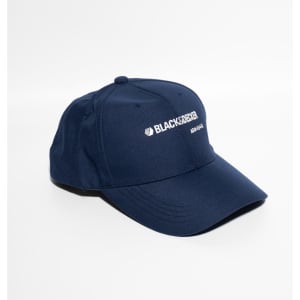 A navy blue baseball cap with a curved brim and an adjustable strap at the back. It features a logo on the front.