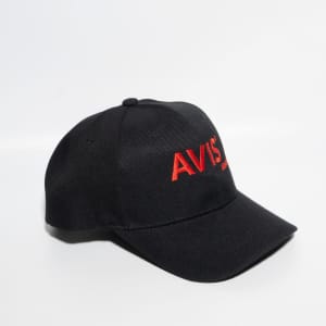 A black ripstop strapback baseball cap with a logo in red.