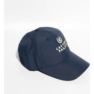 A navy blue baseball cap with a Velcro strap and a logo on the front, featuring six panels.