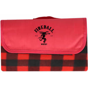 A red picnic blanket featuring a black and red checkered pattern and a logo on the top.