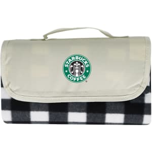A picnic blanket featuring a black and white checkered pattern with a light grey cover and a logo.