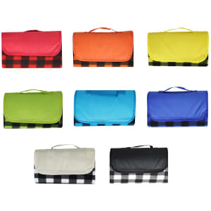 A collection of Pluto Picnic Blankets in various colours: red, yellow, green, blue, and black checkered designs.
