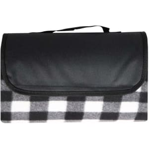 A folded picnic blanket featuring a black and white checkered pattern with a black carrying handle.