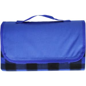 A blue and black checkered picnic blanket, folded and secured with a handle, featuring a logo on the side.