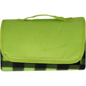 A green picnic blanket with a black and green checkered pattern, featuring a fold-over flap and carrying handle.