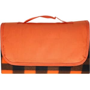 A folded picnic blanket featuring an orange top and a black and orange checkered pattern underneath, with a handle.