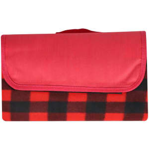 A red and black checkered picnic blanket, folded with a red cover and featuring a logo.