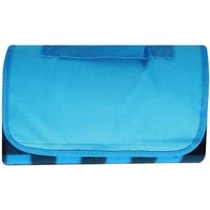 A blue picnic blanket with a foldable design and a handle for easy transport. It features a black and blue patterned underside.