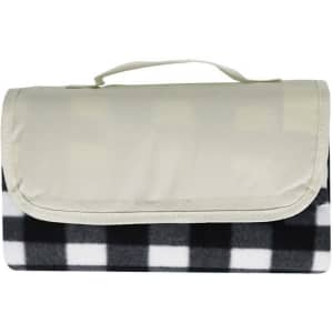 A folded picnic blanket featuring a black and white checkered pattern with a beige handle. It has a sleek design and logo.