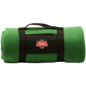 A rolled green blanket secured with black straps, featuring a logo on the front.