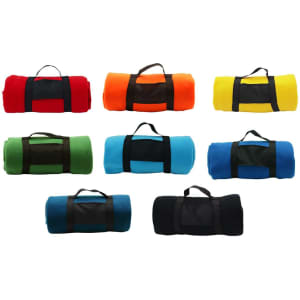 A collection of rolled blankets in red, orange, yellow, green, blue, and black, each with a carrying strap.