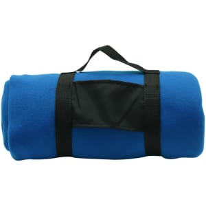 A rolled blue blanket secured with a black strap, featuring a small pocket on the side.
