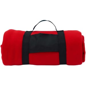 A rolled red blanket secured with black straps, featuring a handle for easy transport.