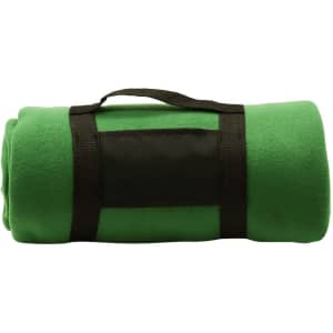 A green blanket rolled up with a black strap for easy carrying, featuring a transparent panel.