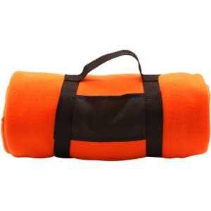 A rolled orange blanket secured with a black strap, featuring a clear window and a black handle.