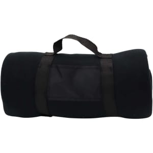 A rolled-up black blanket secured with a strap, featuring a clear pocket, showcasing a simple and practical design.