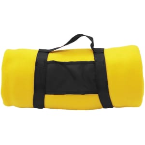 A rolled-up Jupiter Blanket in bright yellow, secured with a black strap, featuring a black logo or branding area.