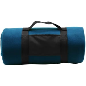 A folded teal blanket secured with a black strap, featuring a simple design and a smooth texture.
