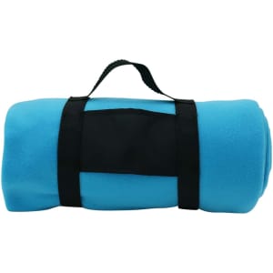 A blue rolled blanket with a black strap and handle, featuring a rectangular black section.