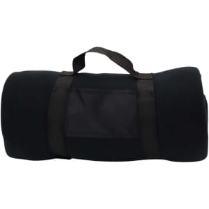A rolled black blanket secured with straps, featuring a small pocket on the front and a handle for carrying.