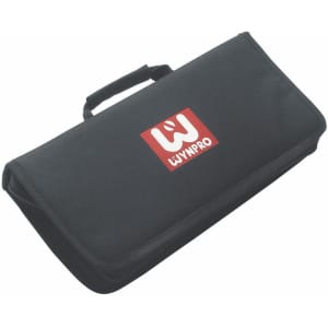 A black BBQ apron set case with a handle, featuring a logo on the front.